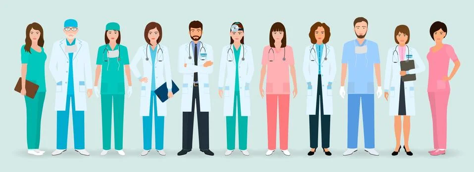 Group of doctors and nurses standing together. Medical people. Hospital staff Stock Illustration