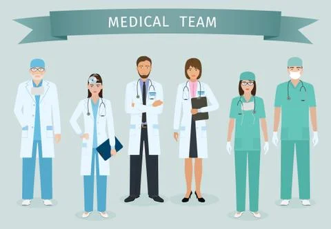Group of doctors and nurses standing together with award ribbon. Medical peop Stock Illustration
