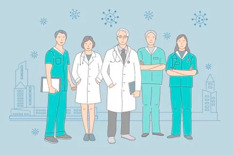 Group of doctors and nurses standing on the background of pandemic city vector Stock Illustration