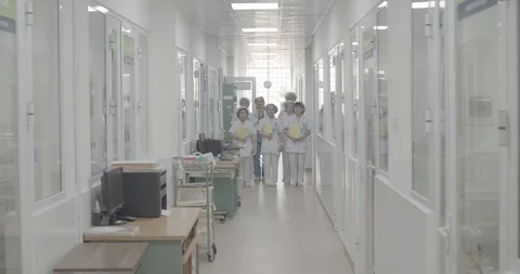 Group of doctors and nurses walking forward at the hospital corridor Stock Footage 127766260