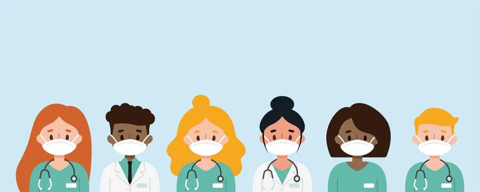 Group of doctors and nurses wearing masks. Stock Illustration