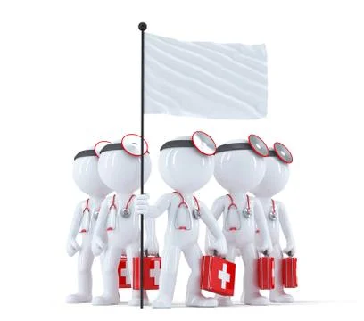 Group of doctors with blank flag. Isolated. Contains clipping path Illustrazione stock