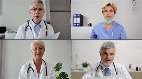 Group of doctors having a video call online split screen 스톡 동영상 139751121