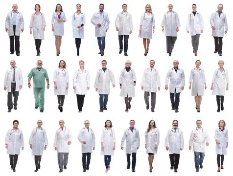 Group of doctors in motion isolated on white Foto stock