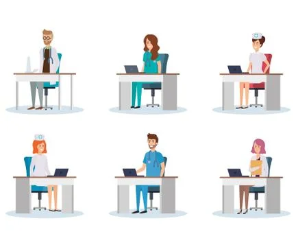 Group of doctors with nurse in workplace Stock Illustration