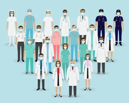 Group doctors, nurses and paramedics in masks. Medical team. Medicine banner. Stock Illustration