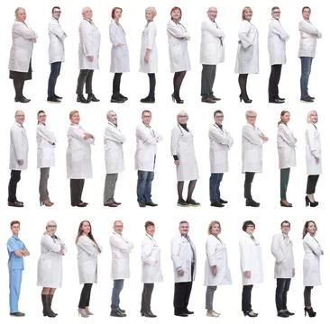 Group of doctors in profile isolated on white Foto stock