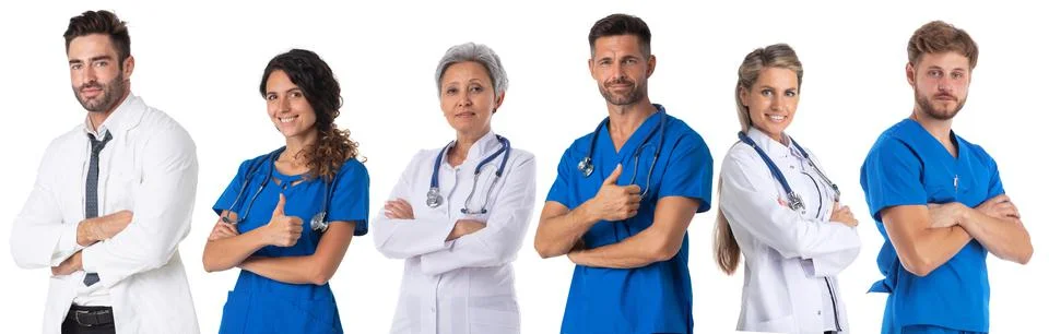 Group of doctors in a row on white Stock Photos