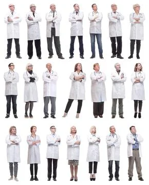 Group of doctors standing in full length isolated on white Foto stock