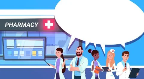 Group Of Doctors Standing At Pharmacy Store In Modern Hospital Drugstore Shop Stock Illustration