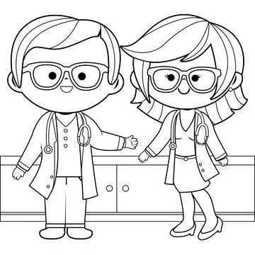 Group of doctors. Vector black and white coloring page. Stock Illustration