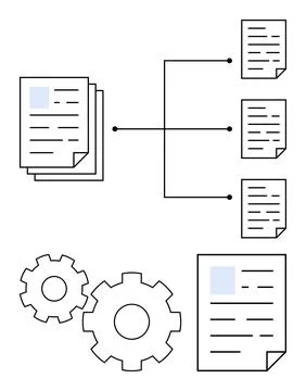 Group of documents connected to individual documents, and two gears represent Stock Illustration