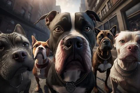 A group of dogs standing next to each other on a street near buildings and .. Ilustración de archivo
