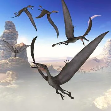 A group of Dorygnathus predatory reptiles fly above a Jurassic landscape. Stock Illustration