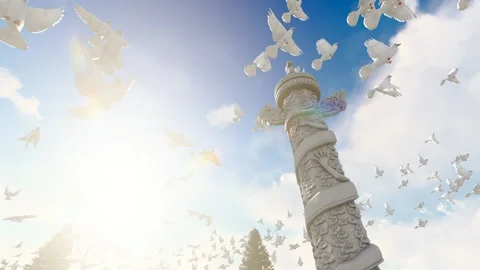 A group of doves of peace flying over the blue sky and white clouds slow mot Video stock 220398597