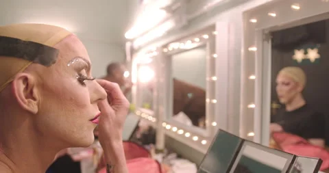 Group of  Drag Queens Applying Make up Backstage, looking in Mirror Video stock 194256448