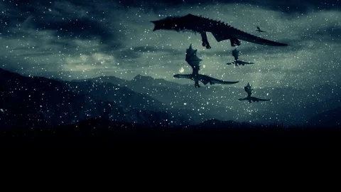 Group of Dragons Fly Under a Snow Storm Above Mountains Stock Footage 110892042