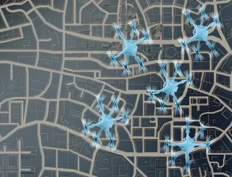 Group drones fly above city Stock Illustration