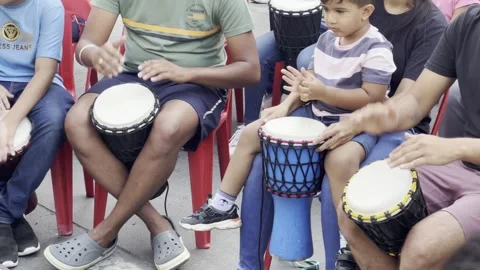 Group drum session closeup 4k city events pune Stock Footage 248349428