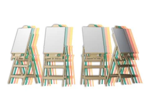 Group easels isolated on white 3d rendering Illustrazione stock