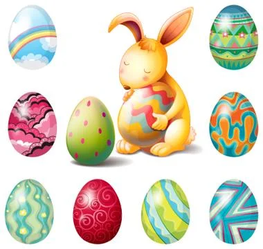 A group of Easter eggs and a sweet bunny Illustrazione stock