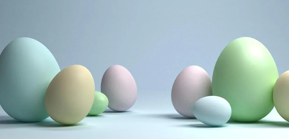 A group of easter eggs on light blue background, 3d rendering Stock Illustration