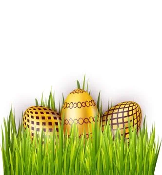 Group of Easter eggs with pattern isolated on white background, green grass. Illustrazione stock