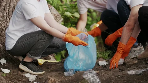 Group of eco-activist cleans garbage in nature. Close-up of a young people Stock Footage 234596125