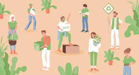 Group of eco activists protesting against environmental pollution vector flat Stock Illustration