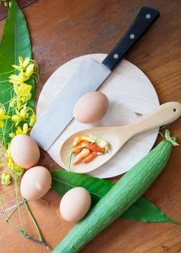Group of eggs , chilli , vegetable, vegetable zucchini,Tablets colored peppers Stock Photos