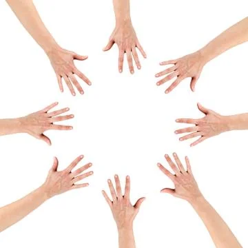 Group of eight hands at the circle together teamwork showing you Stock-Fotos