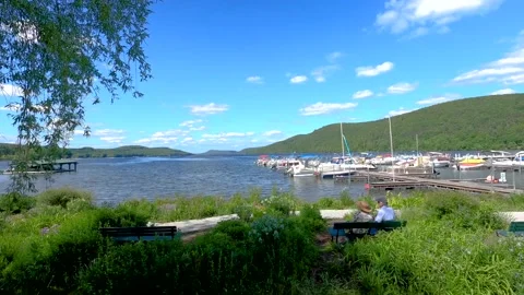 A group of elderly couples sat by the lake enjoying the view Stock Footage 169699996