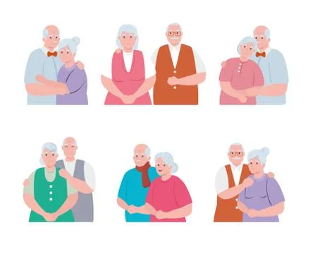 Group of elderly couples smiling, old women and old men couple in love Stock Illustration