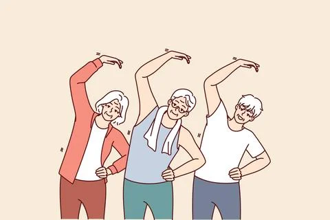 Group of elderly people do gymnastics and lead active lifestyle wishing to have Stock Illustration