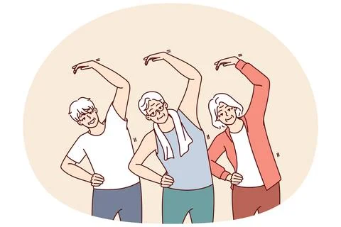 Group of elderly people do gymnastics and lead active lifestyle wishing to have Stock Illustration