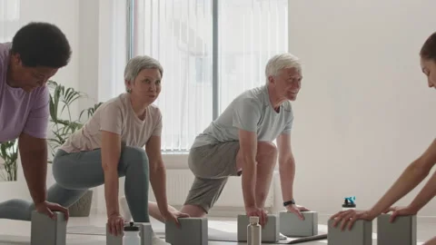 Group of Elderly People Doing Lunge on Yoga Practice Stock Footage 247169620