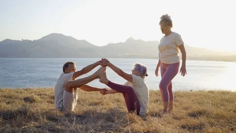 Group of elderly people doing yoga at nature Video stock 123075939