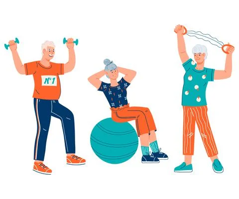 Group of elderly people keep fit through gymnastic exercises, cartoon flat ve Stock Illustration