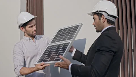 Group Electrical Engineer Technician Talk to business people to invest in solar  Stock Footage 143475029