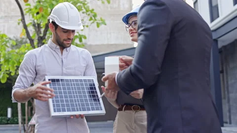 Group Electrical Engineer Technician Talk to business people to invest in solar  Stock Footage 143475316