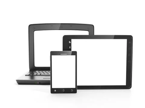 Group of electronic equipment, tablet pc, laptop, mobile phone on a white bac Stock Illustration