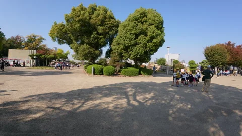 Group of elementary school students on a field trip walking a public park Stock Footage 335944503