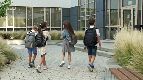 Group of elementary school students rush to a lesson to school. Back to school. Stock Footage 210872225