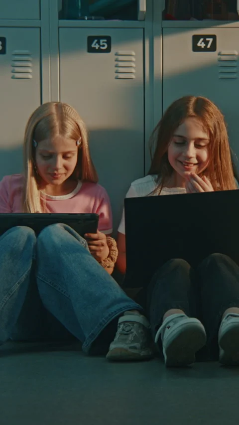 Group of Elementary School Students Sitting on Floor by Metal Lockers During Stock Footage 342044955