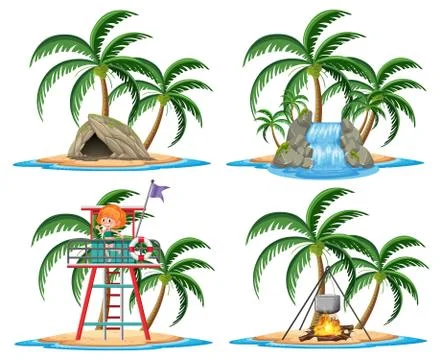Group of elements in tropical island cartoon style on white backgroud Stockillustratie