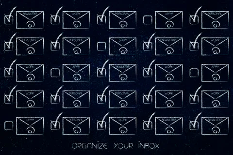 Group of email envelopes ticked off except those labeled as spam Illustrazione stock