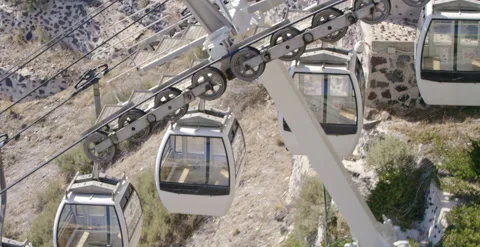 Group of empty cable cars descends Santorini, Greece cliff side, slow motion Stock-Footage 202262805