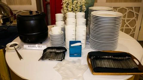 Group of empty dishware, Stacked on pile. Landscape View Stock Photos