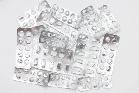 Group of empty pill blister pack closeup Stock Photos