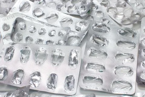 Group of empty pill blister pack closeup Stock Photos